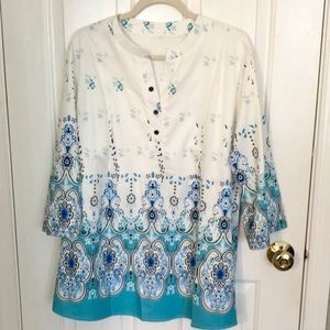 🌟2xHP🌟NWOT Turquoise Border Print Top XXL